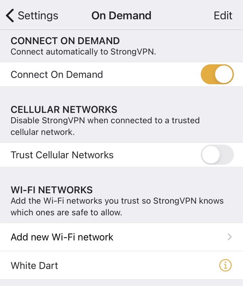StrongVPN On Demand Settings Trust White Dart Network