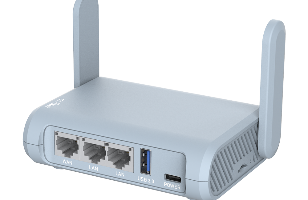 Beryl GL-MT1300 Travel Router showing 3 Ethernet ports, one USB-A, and USB-C power