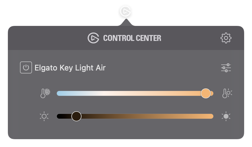 Keylight Menu Bar App showing temp, brightness and on/off switch