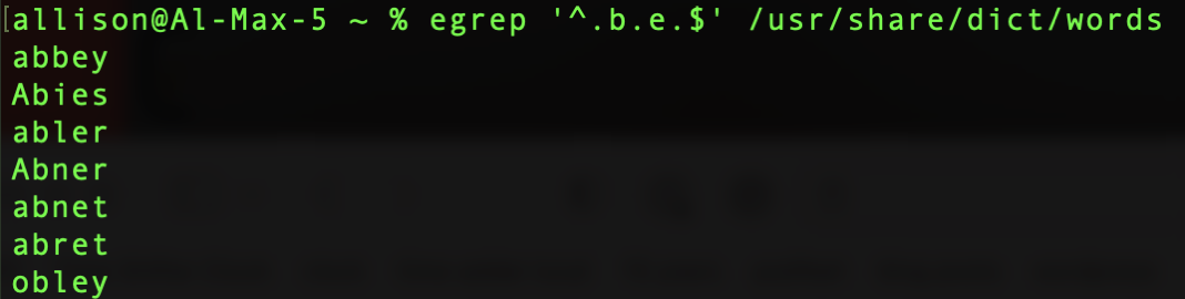 regular expression as described below looking for 5-letter words with b in the second position and e in the fourth position. Also shows resulting list as described below.