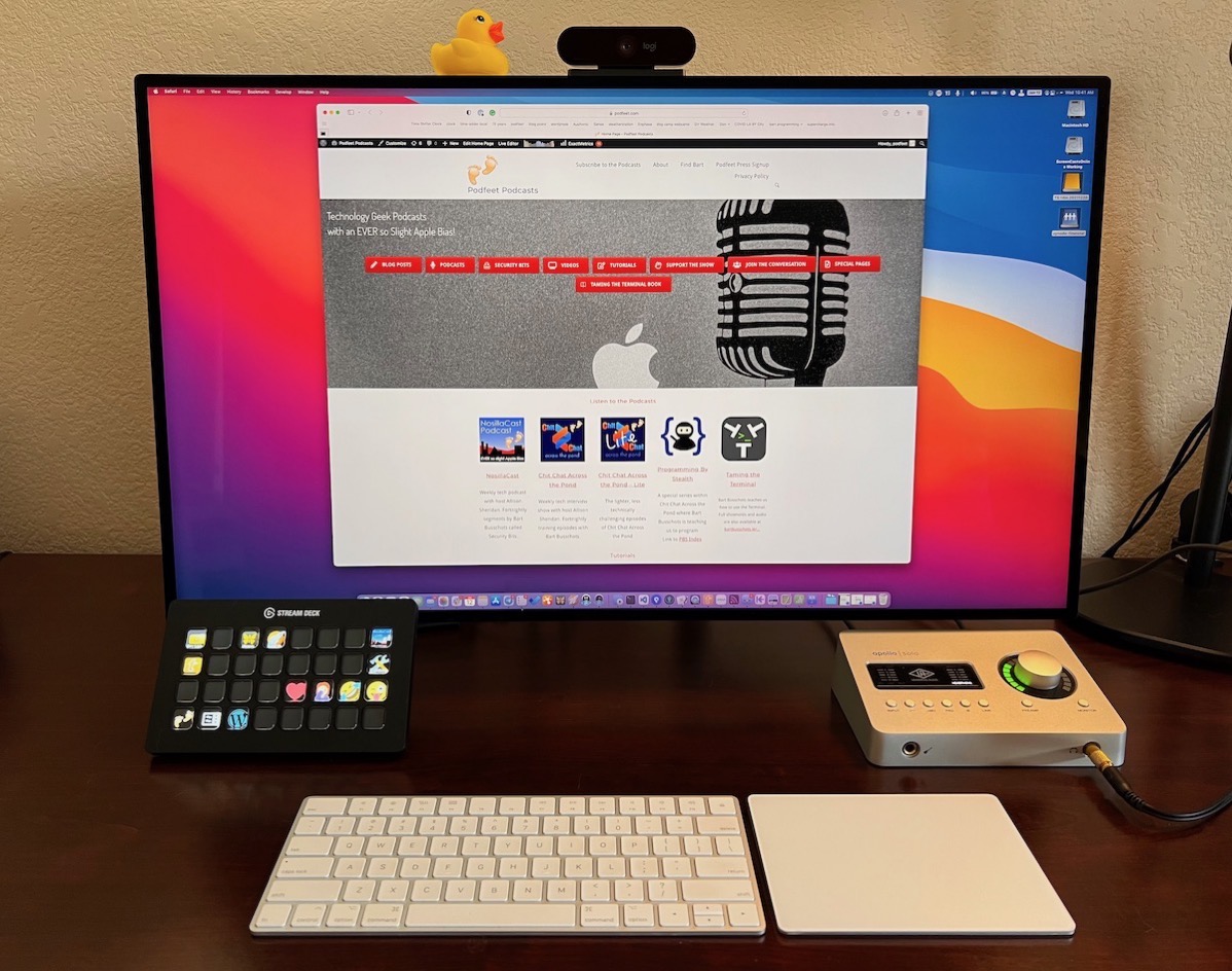 XDR on egotron Arm down super low with a Stream Deck and Universal Audio Solo mic interface on the right. Oh, and a rubber ducky on top to prove I'm a programmer