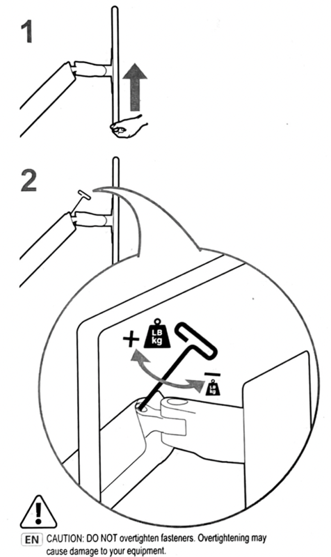 diagram showing an allen wrench, rotation arrows with weights showing plus and minus to indicate which direction to turn it