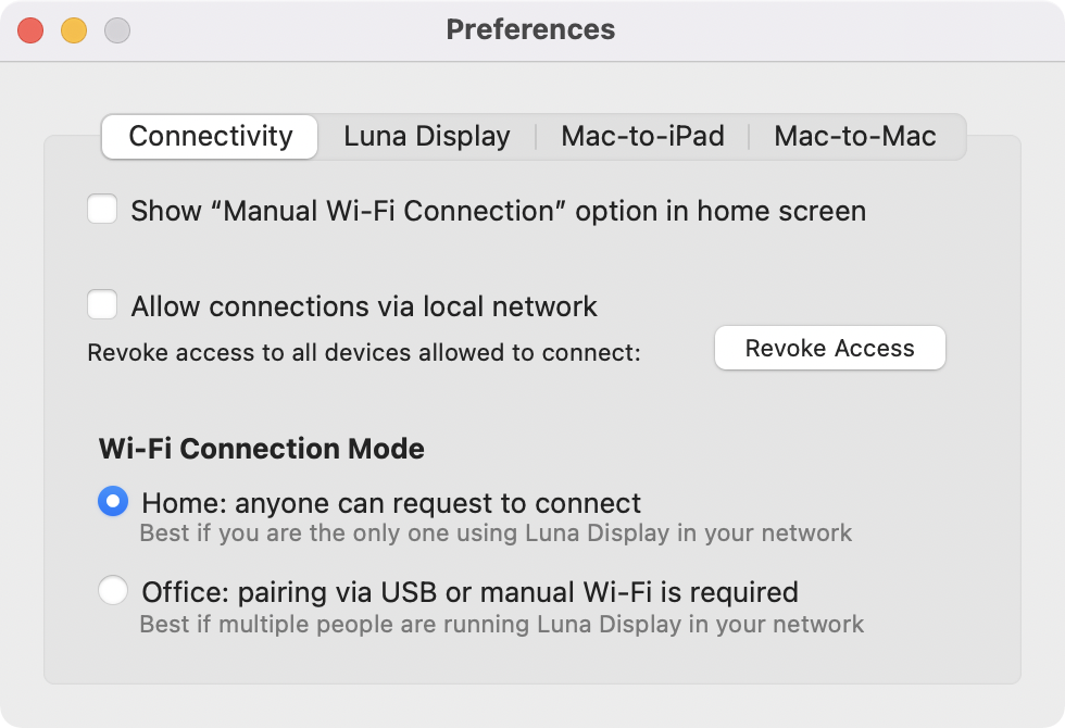Luna Display Preferences Connectivity