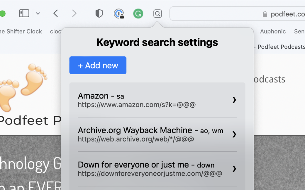 Magnifying glass icon gives a drop down to open Keyword Search extension
