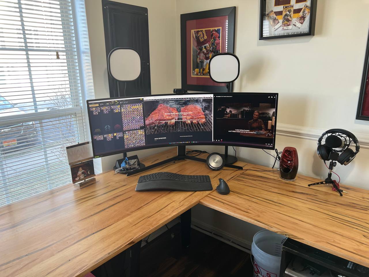 Samsung G9 on Chris's Wormy Maple Desk