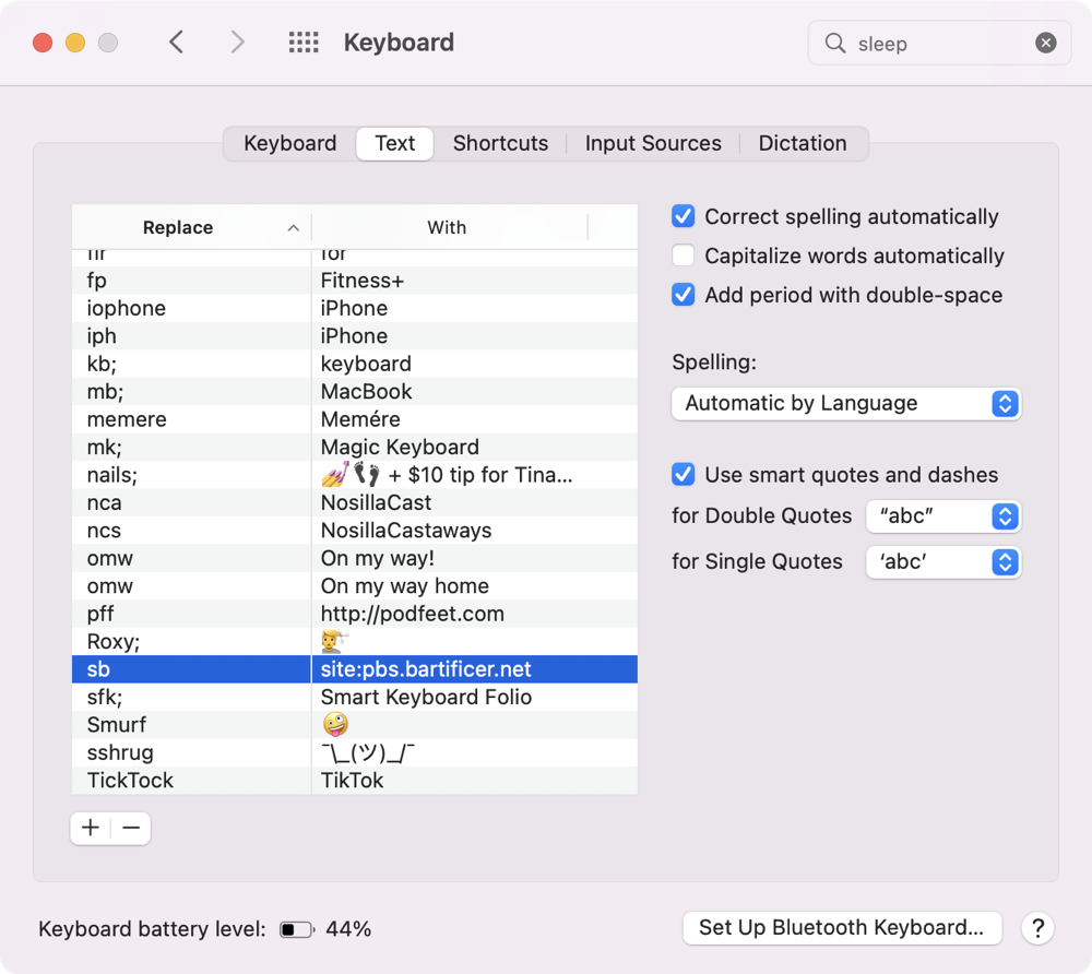 Text Replacement in System Preferences for PBS Show Notes