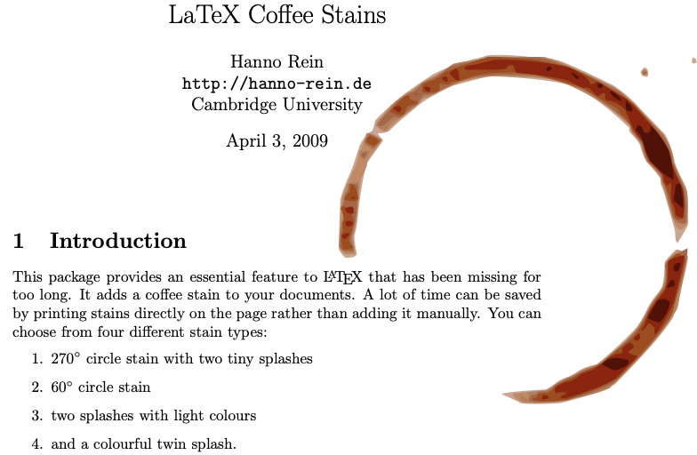 LaTeX Coffee staiin plugin documentation showing a big brown ring of coffee sain on a PDF. how silly is that?