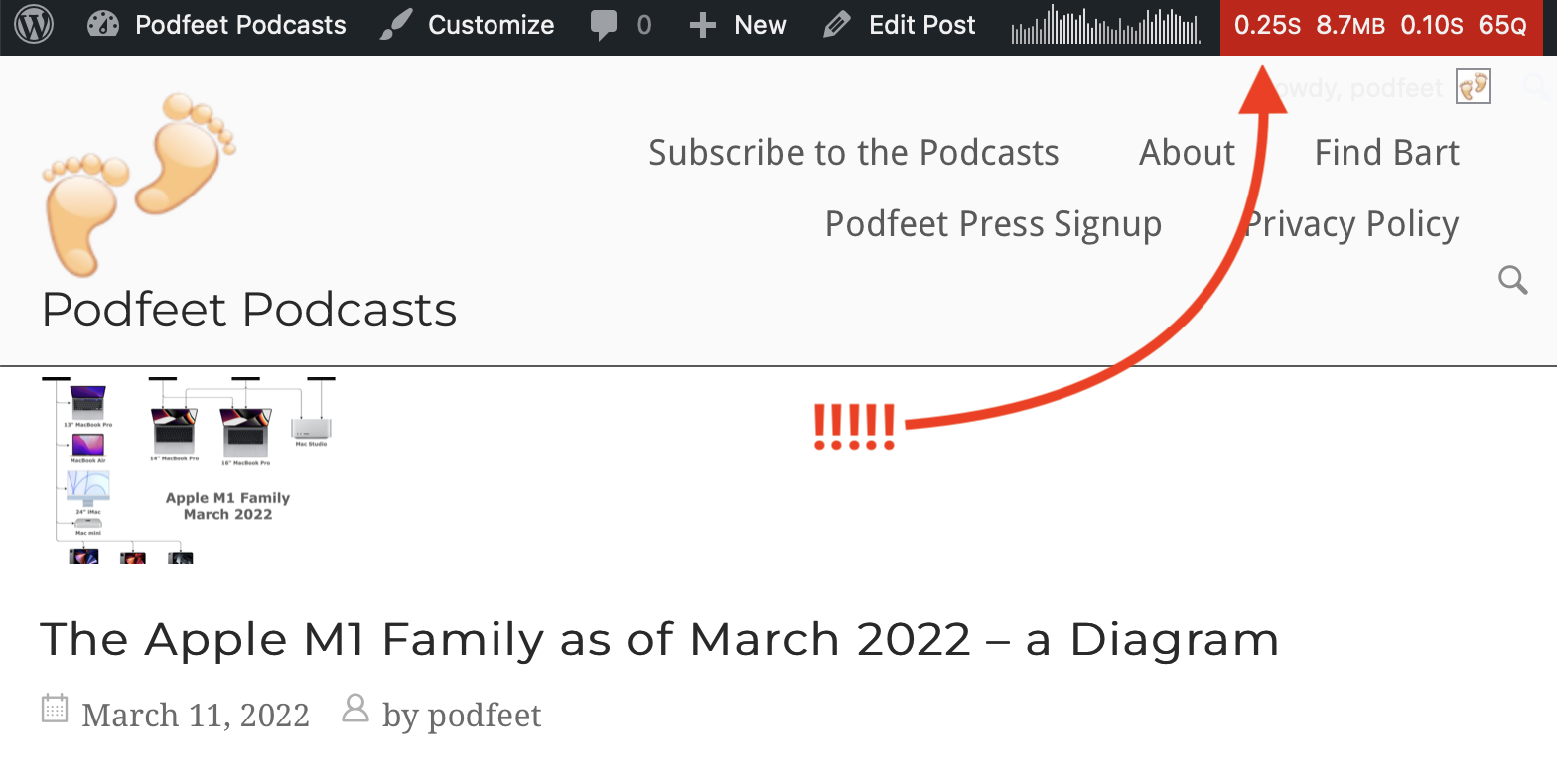 Podfeet quarter second page load according to Query Monitor