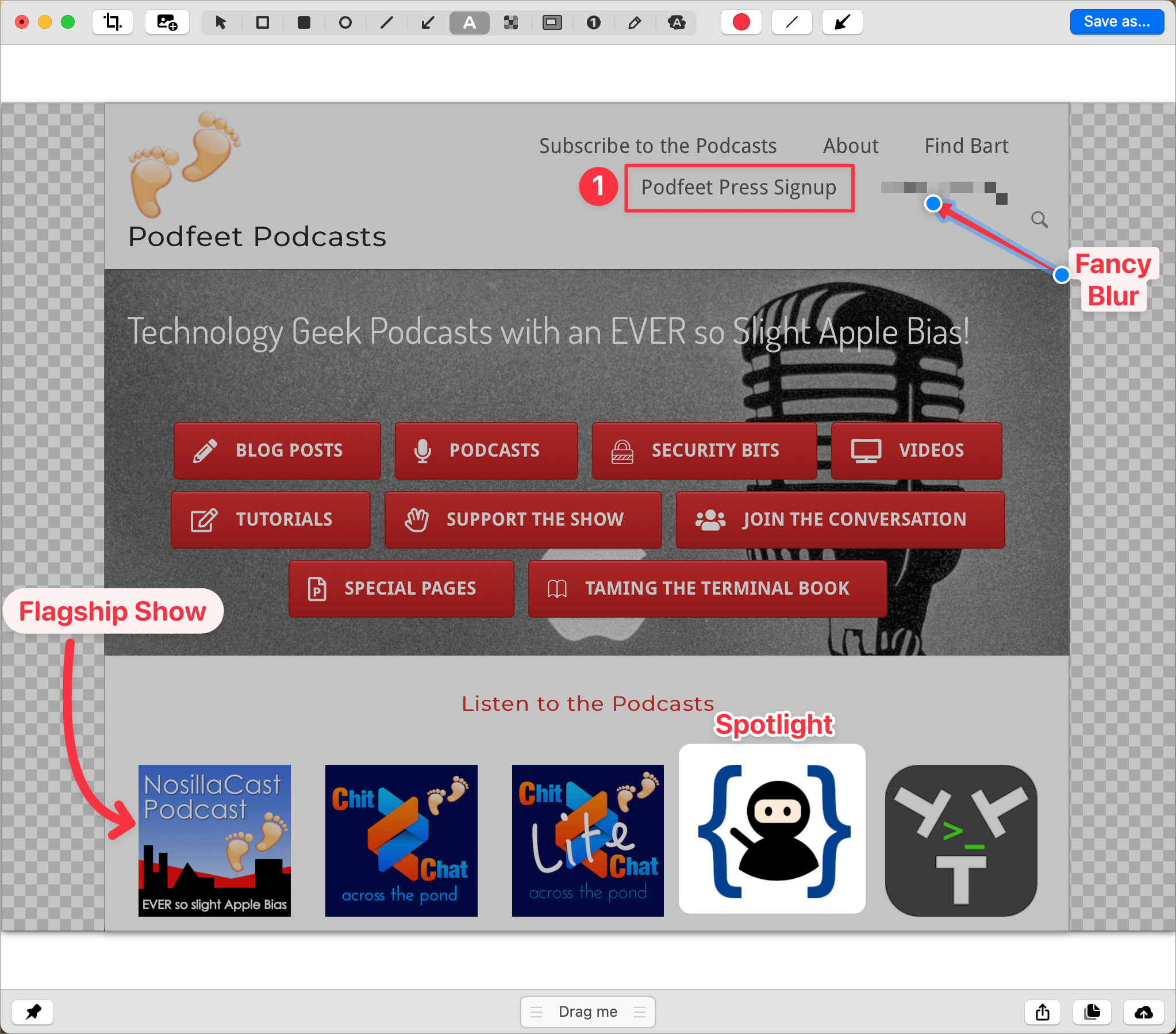 Screenshot of Podfeet showing several annotations I've described