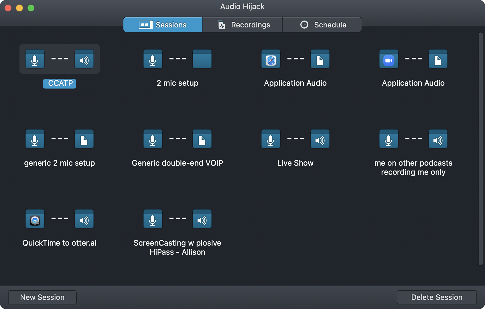 Audio Hijack 3 Sessions Window