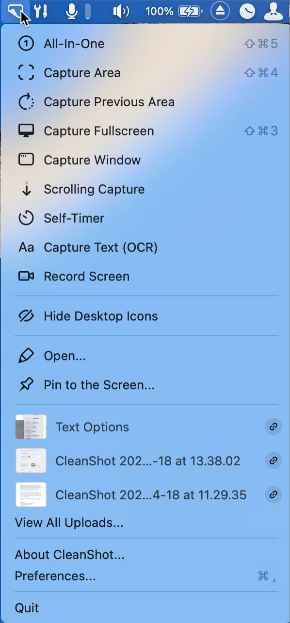 CleanShot X Menu Bar App