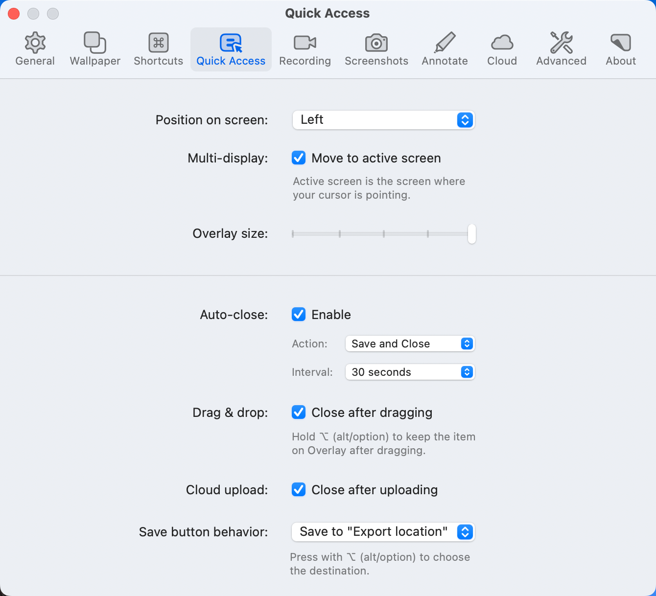 Quick Access Overlay Preferences