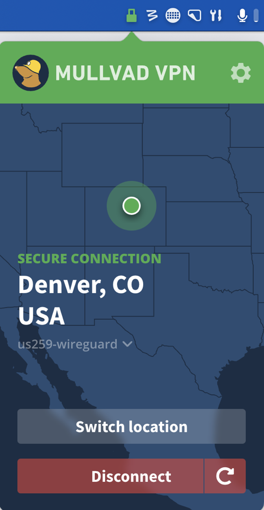 Mullvad Showing Green Connection to Denver