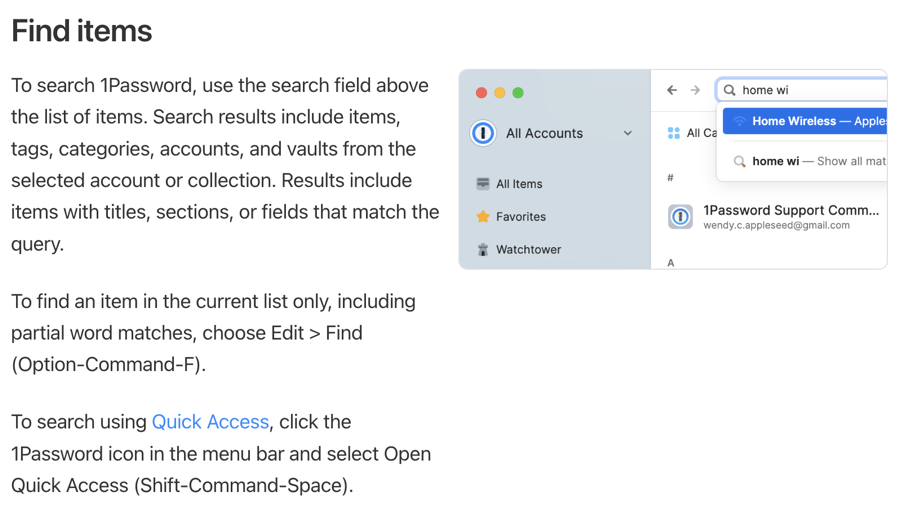 Find vs Search explained in 1Password support article - text is in the article