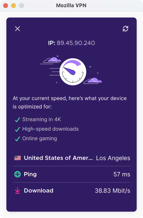 Mozilla VPN built in speed test 38mbps