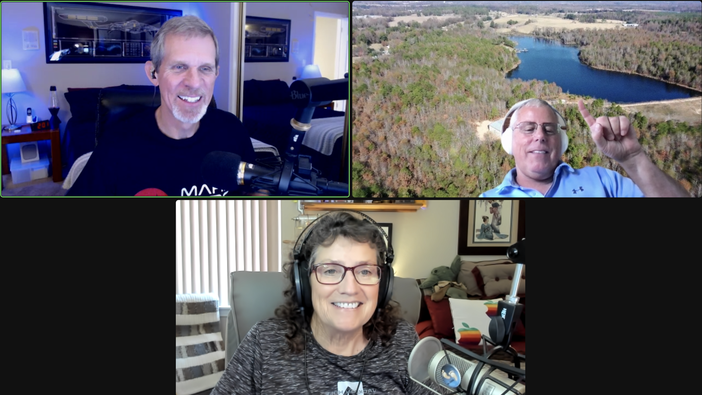 Steve & Allison on Zoom with Brian - he's pointing at his pond in his forest