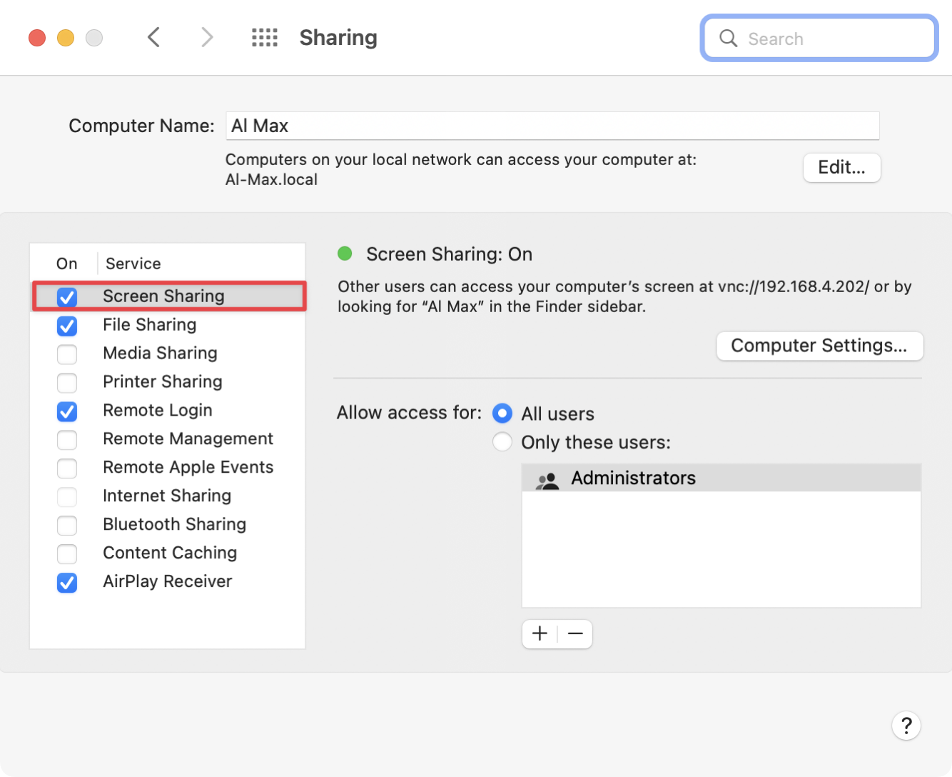 Enable Screensharing in System Preferences