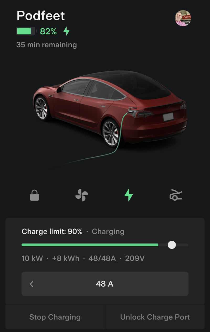 Model 3 Charging Showing kW kWh A V