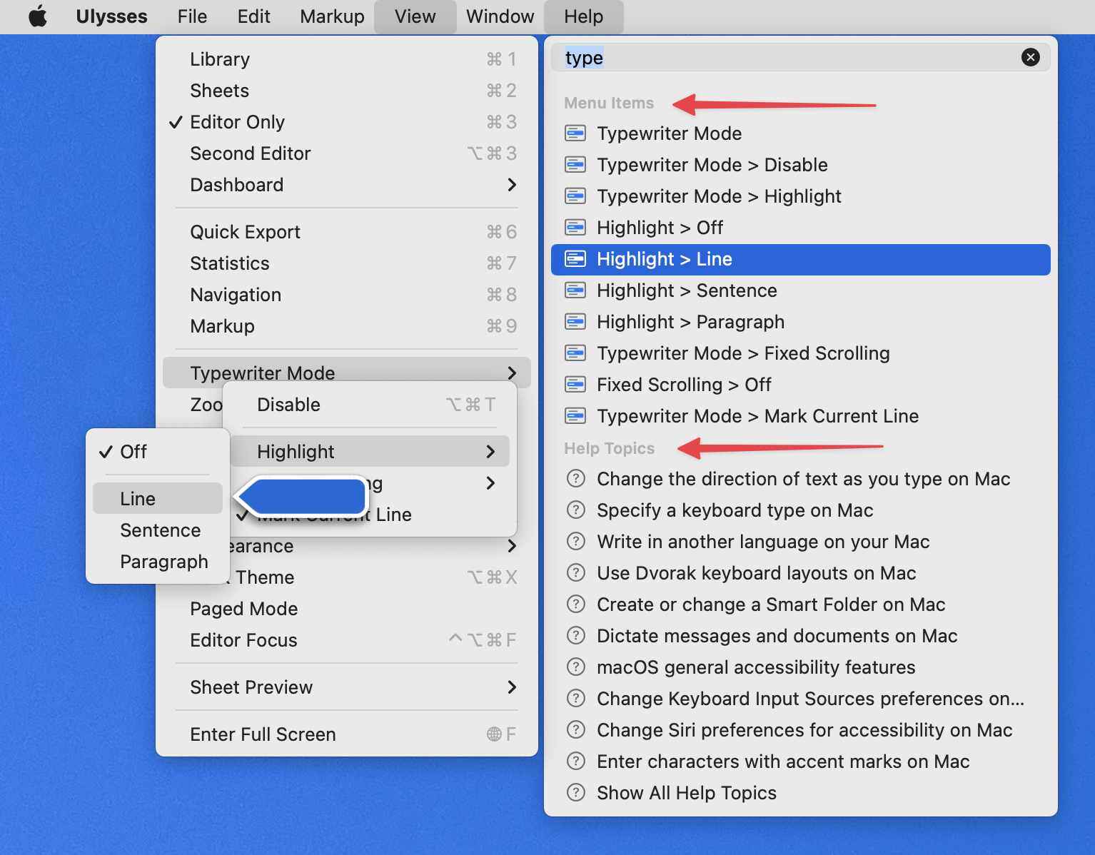 Searching for Help in Menus in Ulysses