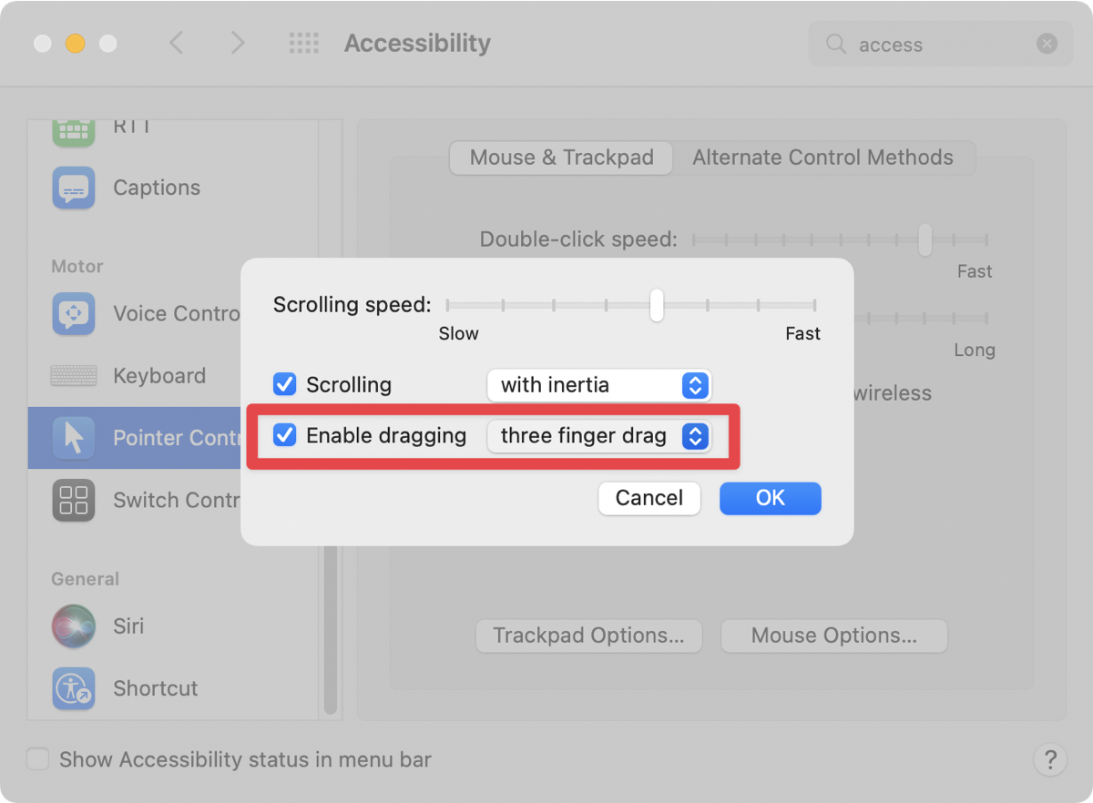 Three Finger Drag Buried in Pointer Control in Accessibility