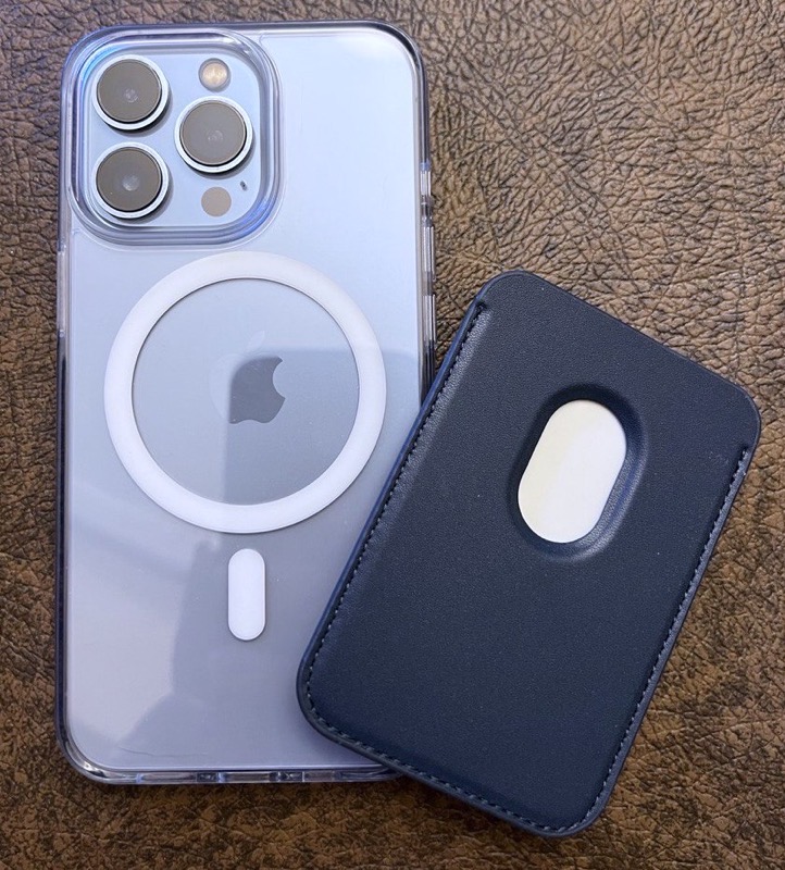 iPhone 13 Pro with Kimguard Clear Case showing MagSafe ring and wallet flipped over showing slot to slide out credit cards