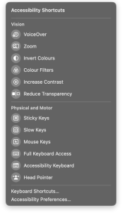 macOS Control Panel Accessibility Shortcuts