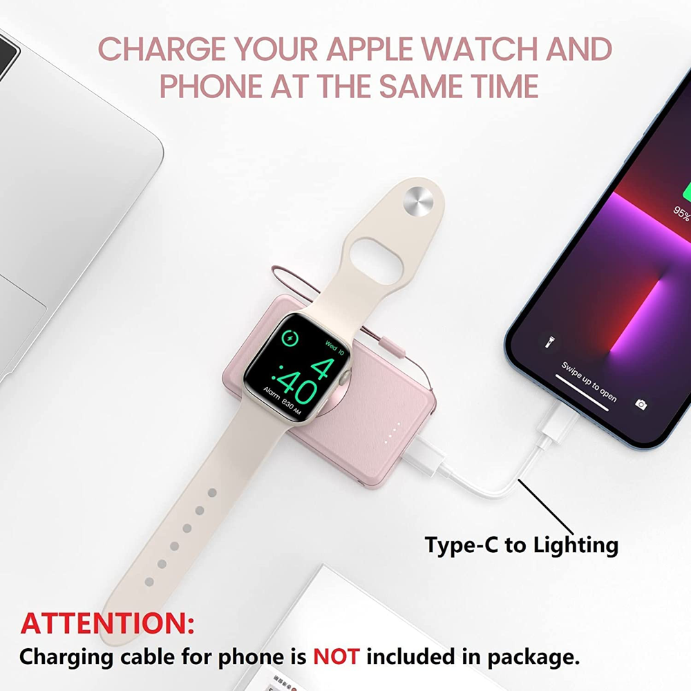 LVFAN Watch Charger with Apple Watch on top and USB-C to lightning charging an iPhone