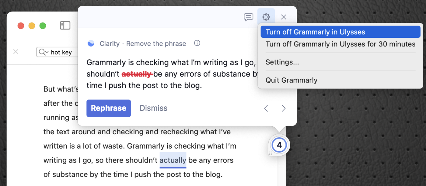 Turn off Grammarly for Current App or 30 Minutes