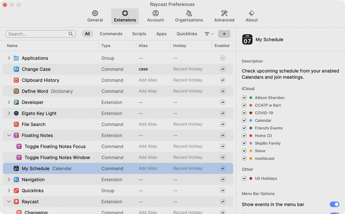 Raycast Extensions Highlighting My Schedule