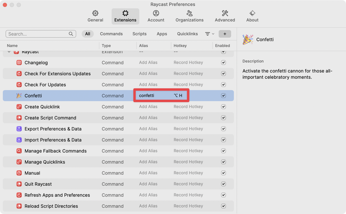 Raycast Preferences Showing Confetti Alias and Hotkey