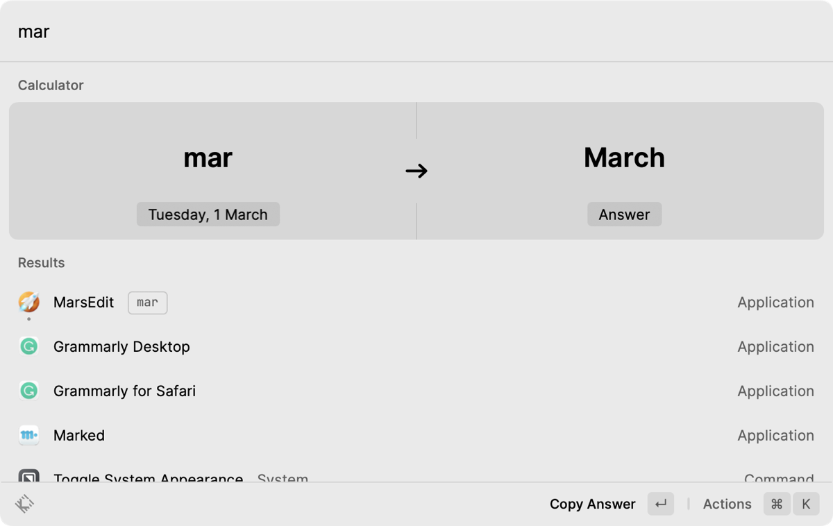 Raycast shows me calculator saying that mar is March