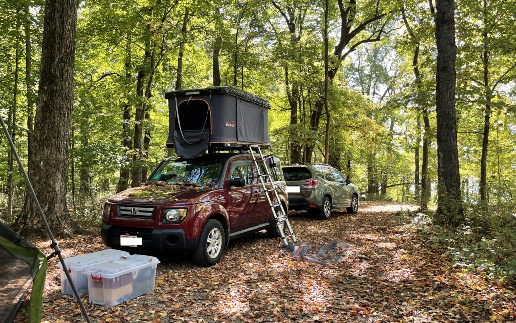 Roofnest Rooftop Tent on a Honda Element with a ladder going to the top, in the woods