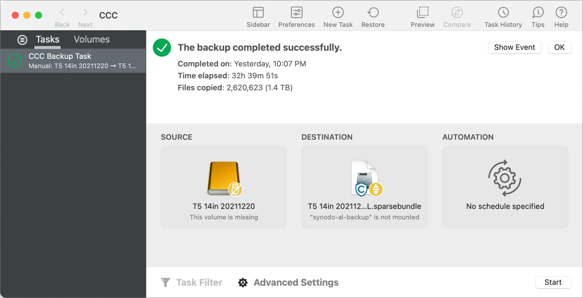 Backup to Synology of Backup SSD Took 32h 39m 51s