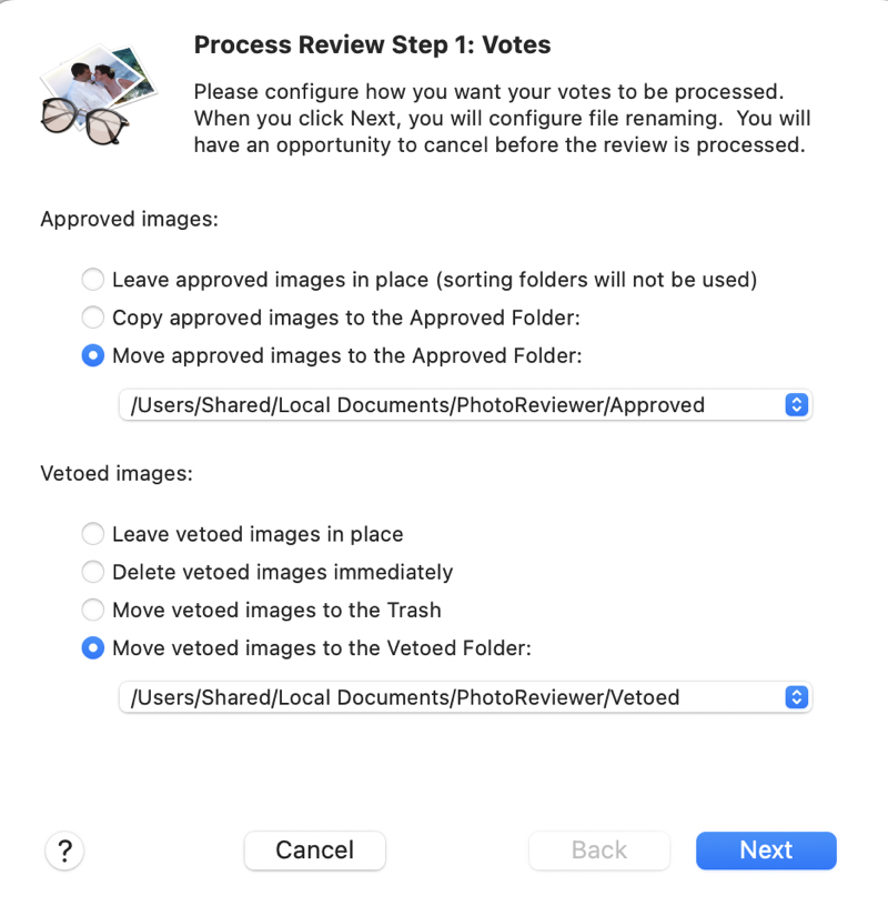 Photo Review Setup to define folder where approved and vetoed images will move