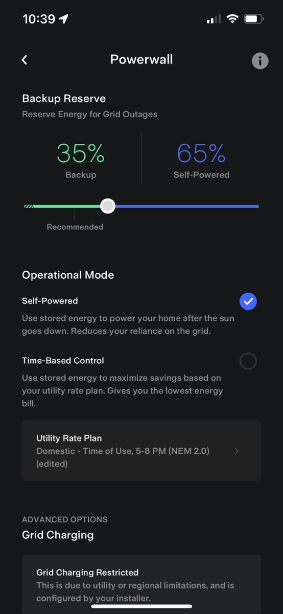 Tesla Powerwall Settings as described