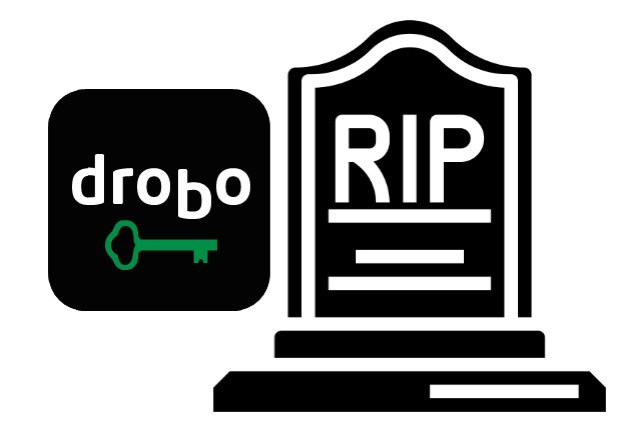 Drobo logo next to gravestone that says RIP