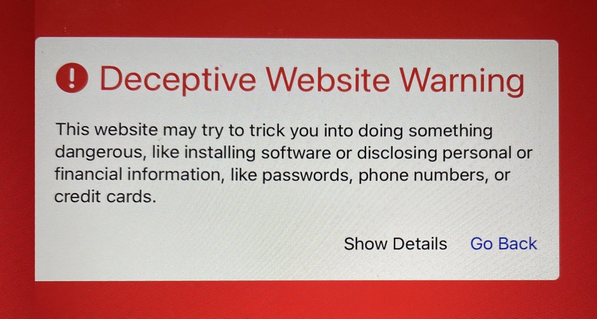 Merlee Red Warning.jpg Deceptive Website Warning with red background with two choices