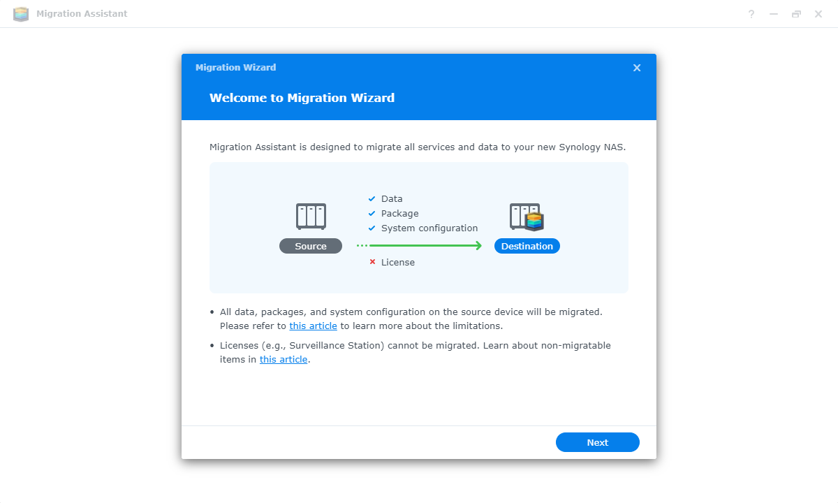 Synology Migration Assistant showing wizard to transfer data