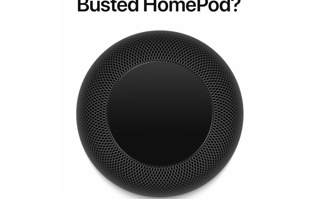 Top view of original HomePod with caption, Busted HomePod?