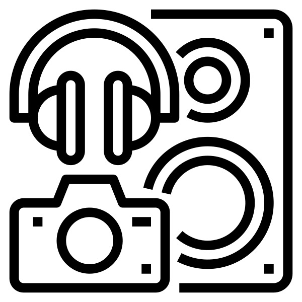 generic icon of a camera, headphones and a speaker representing a gadget