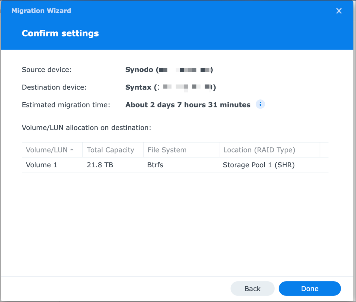 Migration Wizard showing 2 days 7 hours 31 min and source/destination devices