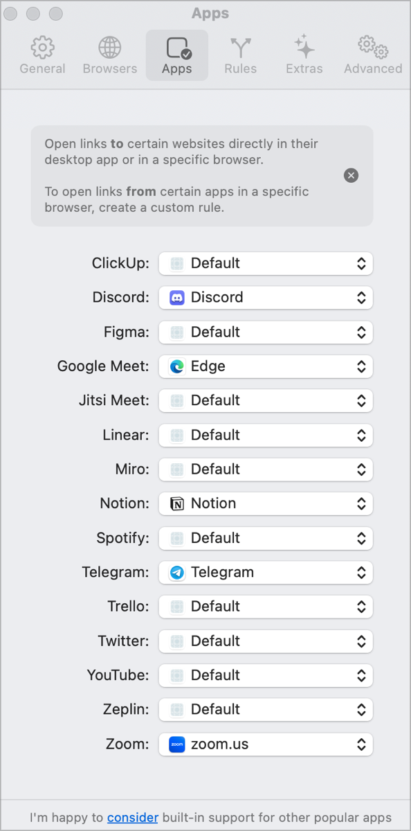 Prepopulated Apps in Velja