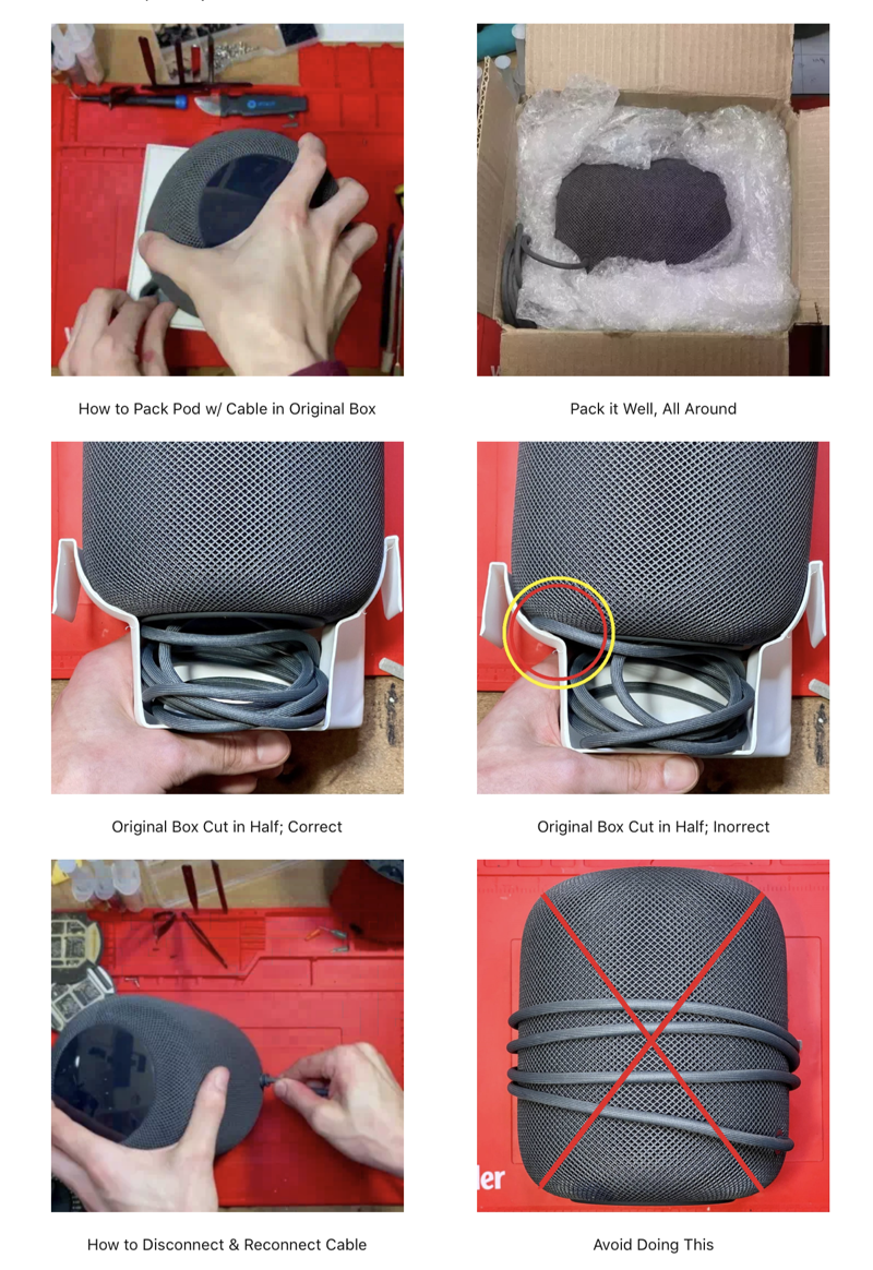 Six images showing how to and how not to pack a HomePod