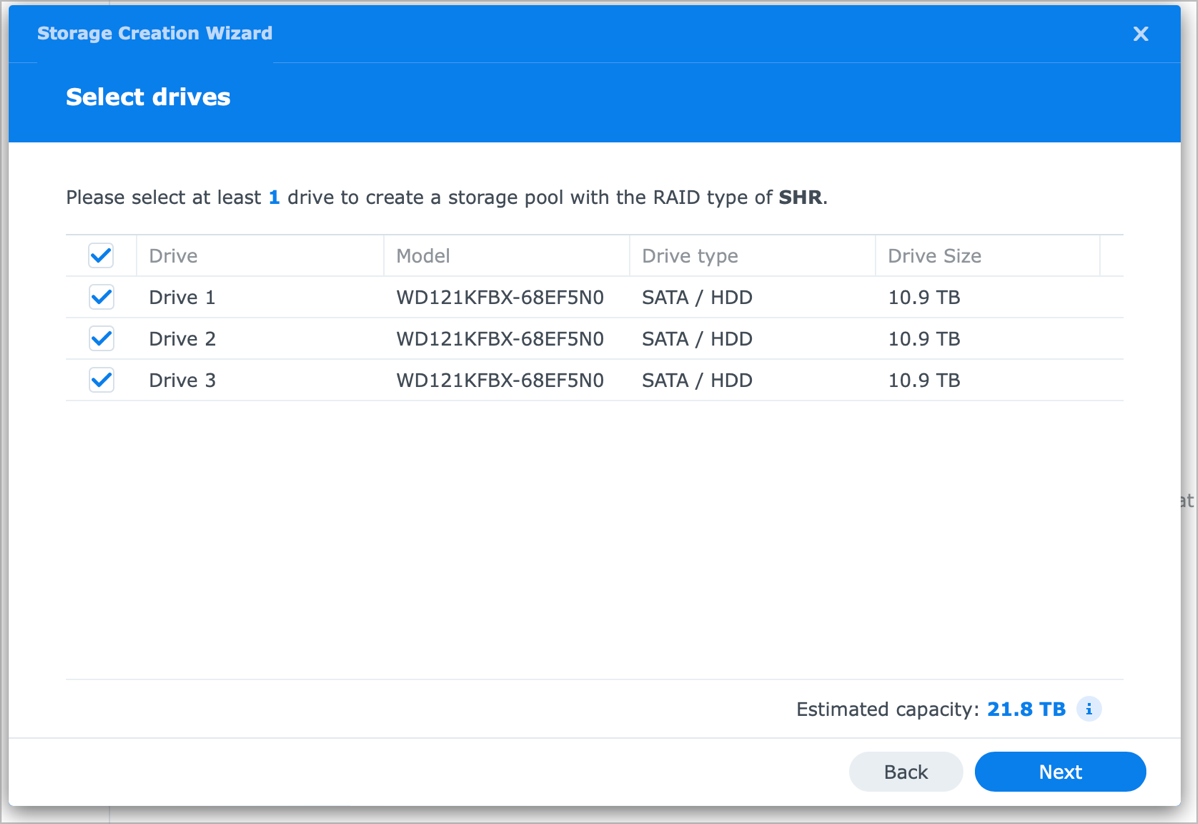 Storage Creation Wizard showing 3 drives and total storage pool size