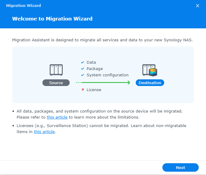 Synology Migration Assistant showing wizard to transfer data