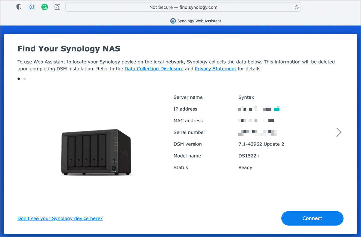 Synology Web Assistant Showing My New Synology