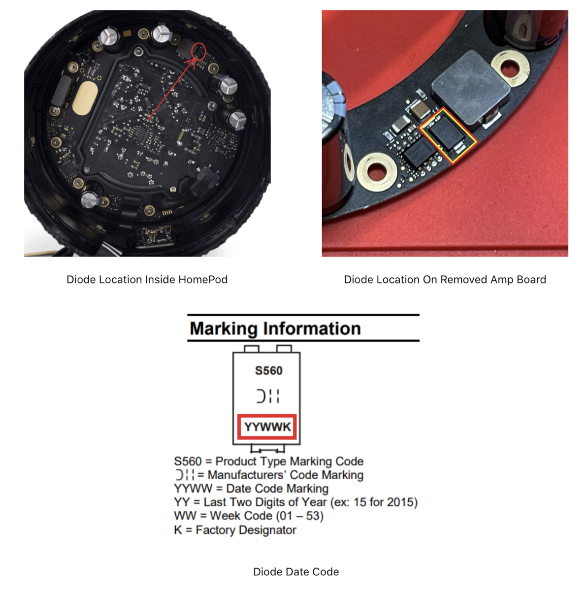 Three images showing the location of the failed diode