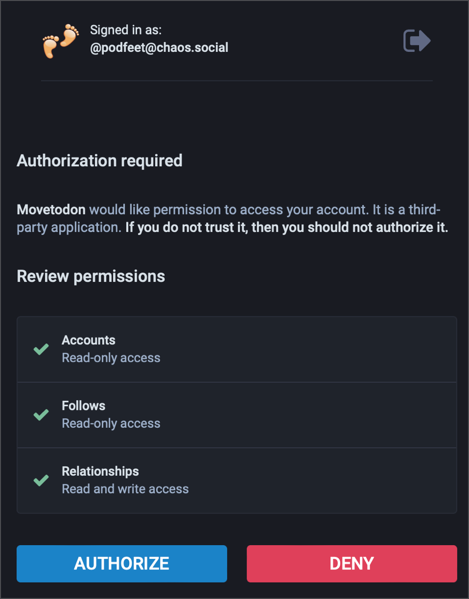Authorize movetodon to your Mastodon account.png Authorize movetodon to use your Mastodon account