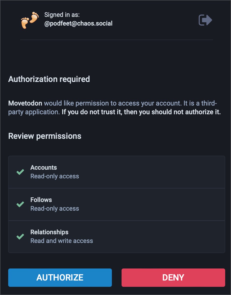 Authorize movetodon to use your Mastodon account