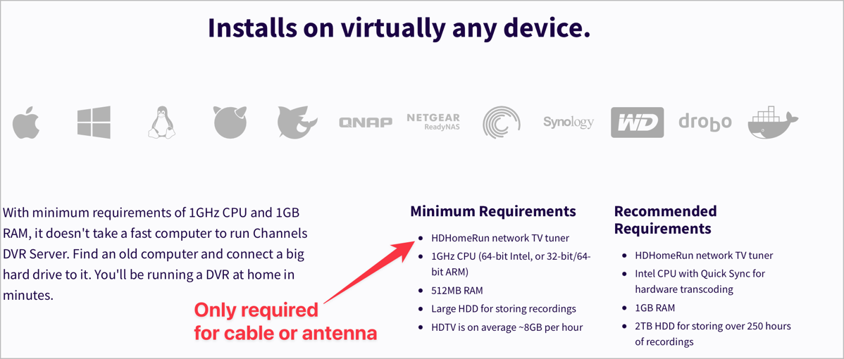 icons for all the server types you can use. says you need HomeRun DVR but that's only for antennas